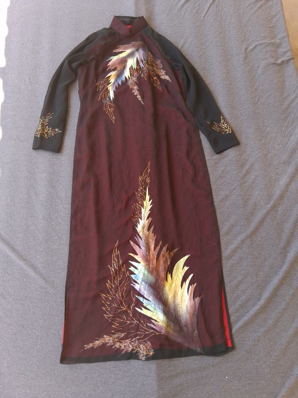 Vintage Custom Ao Dai Kim Cuong Vietnamese Traditional Dress Burgundy Black Silk